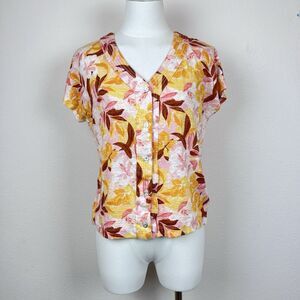 Tahari Shirt Womens Small Button Floral Linen Boho Cottage Tropical Orange